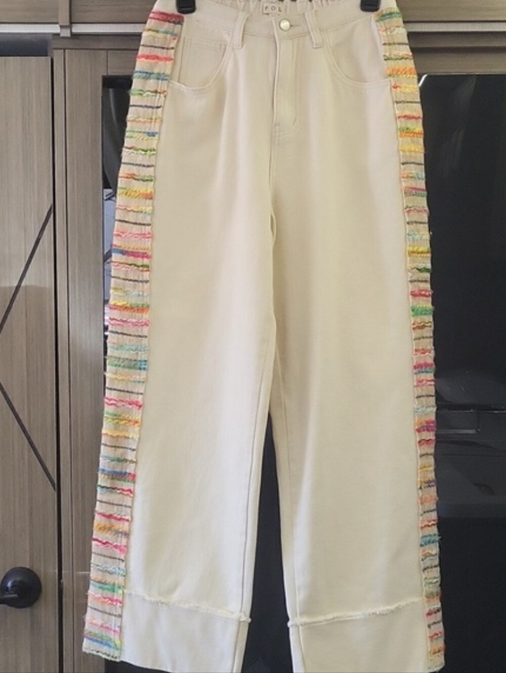 POL Wide-Leg Cream Jeans with Multicolor Side Stripe